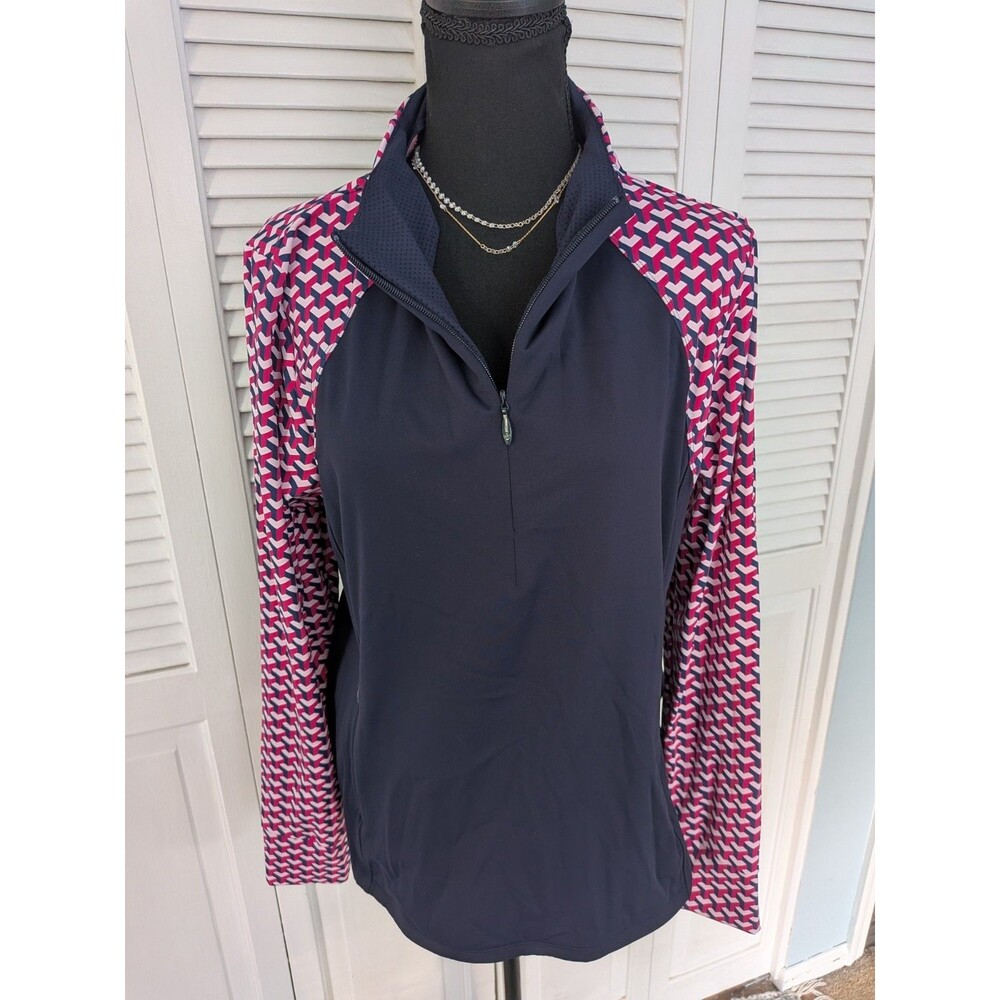 T By Talbots Performance Compression Half Zip Pullover Women's XL Navy Pink Geo
